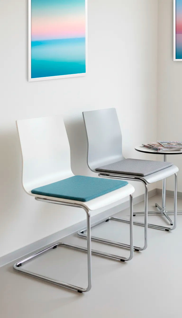 Wandbilder mit sanften Farbverläufen schaffen eine beruhigende Atnosphäre im Wartezimmer.